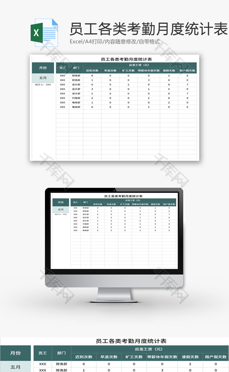 员工各类考勤月度统计表Excel模板