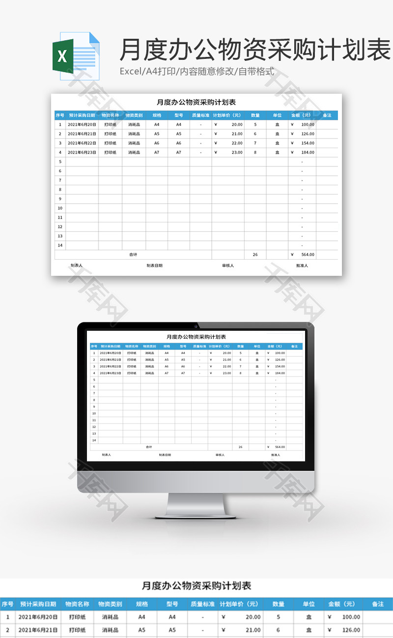 月度办公物资采购计划表Excel模板