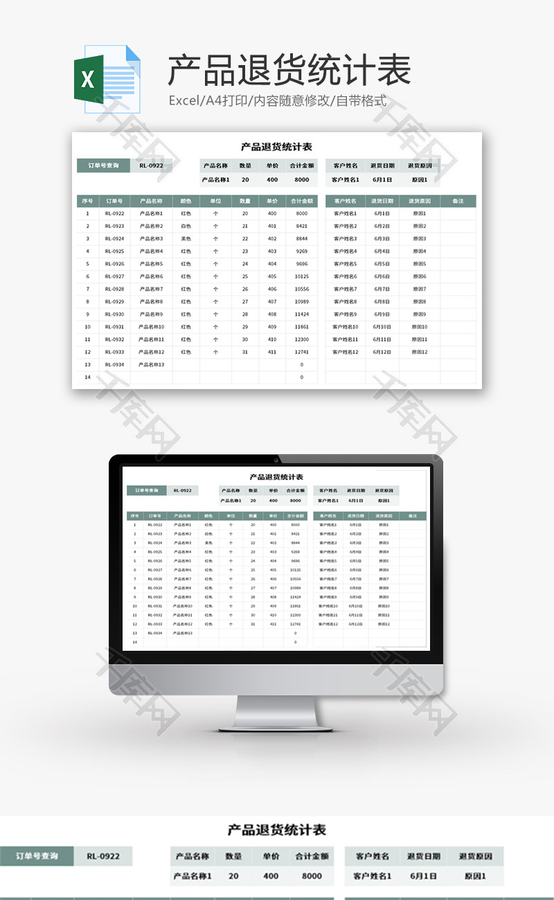 产品退货统计表Excel模板