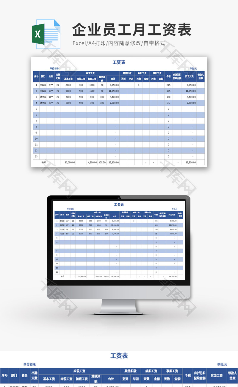 企业员工月工资表Excel模板