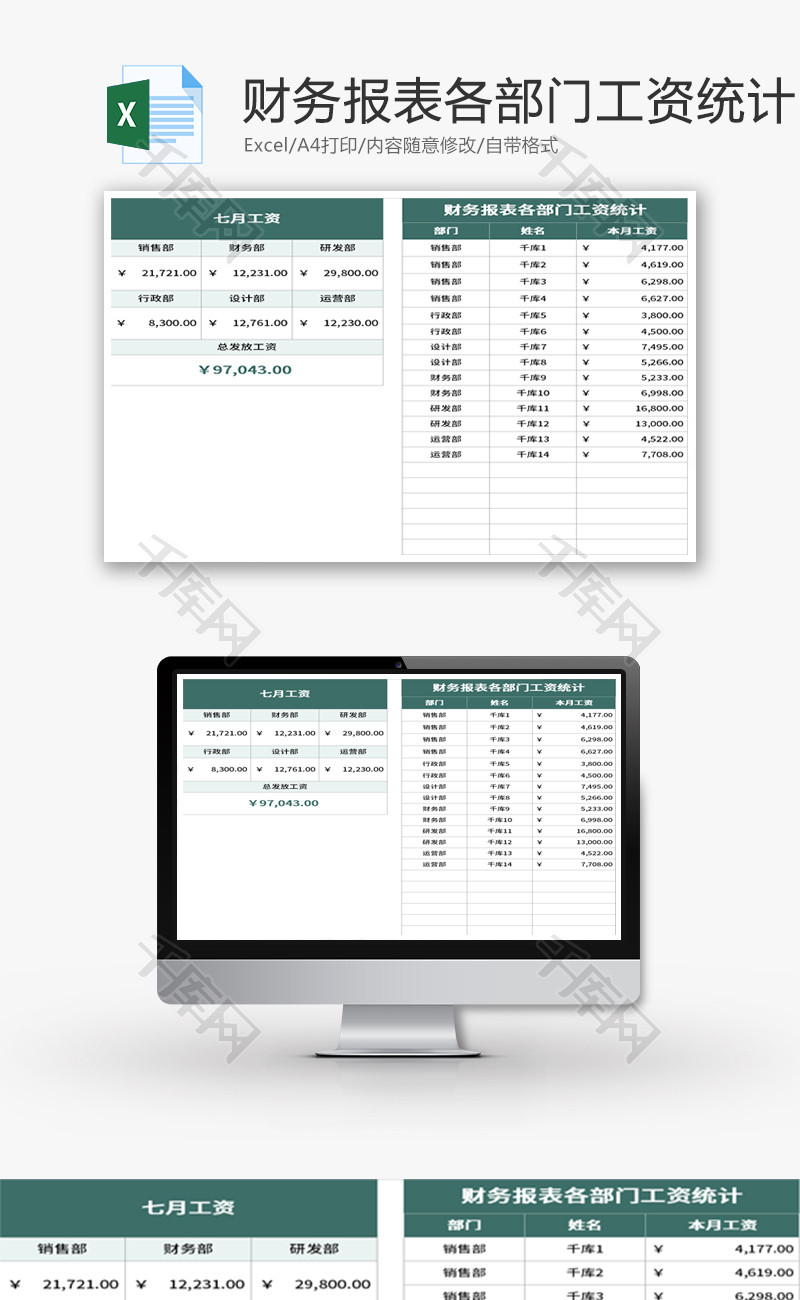 财务报表各部门工资统计Excel模板