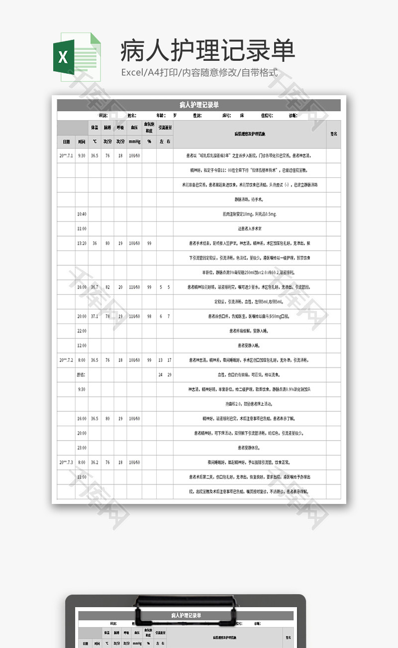病人护理记录单Excel模板