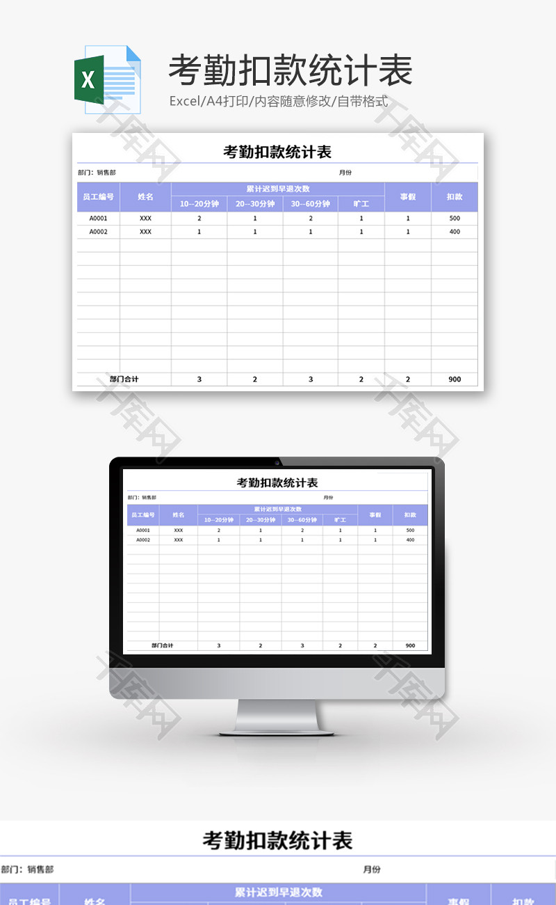 考勤扣款统计表Excel模板