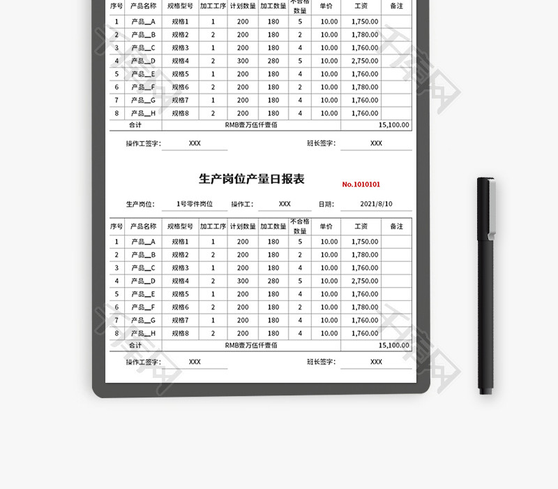 生产岗位产量日报表Excel模板