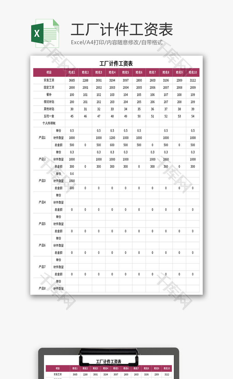 工厂计件工资表Excel模板