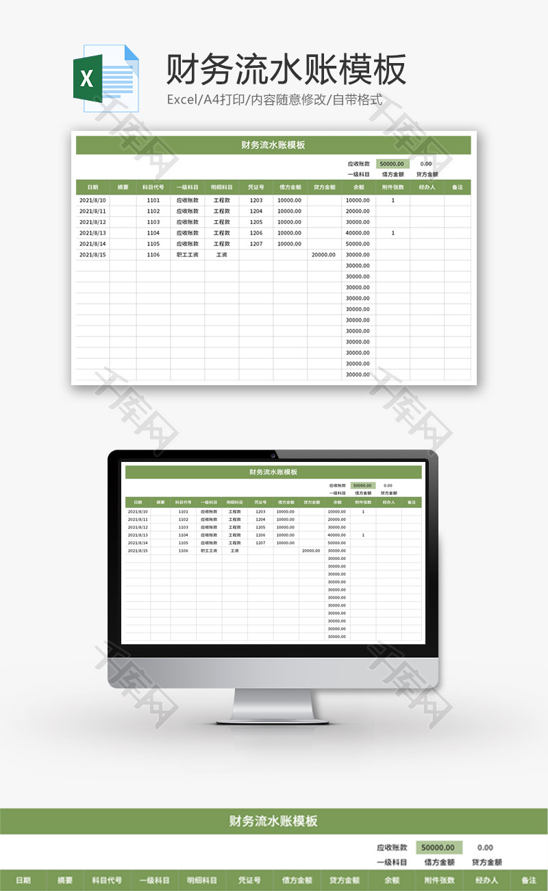 财务流水账模板Excel模板