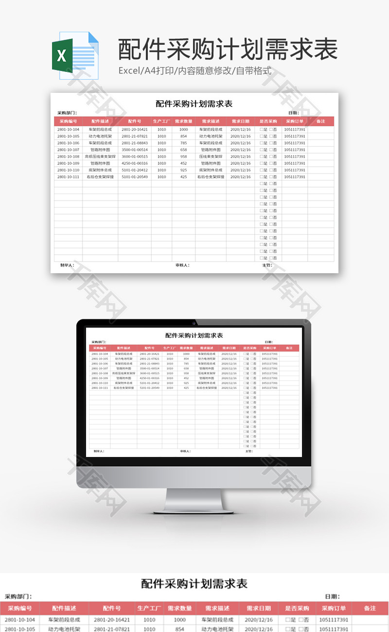 配件采购计划需求表Excel模板
