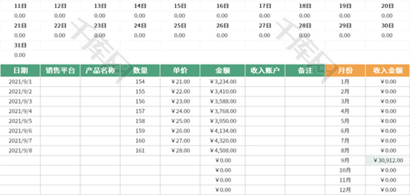 销售收入记账表Excel模板