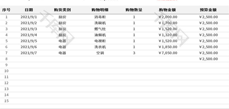 装修购物清单Excel模板