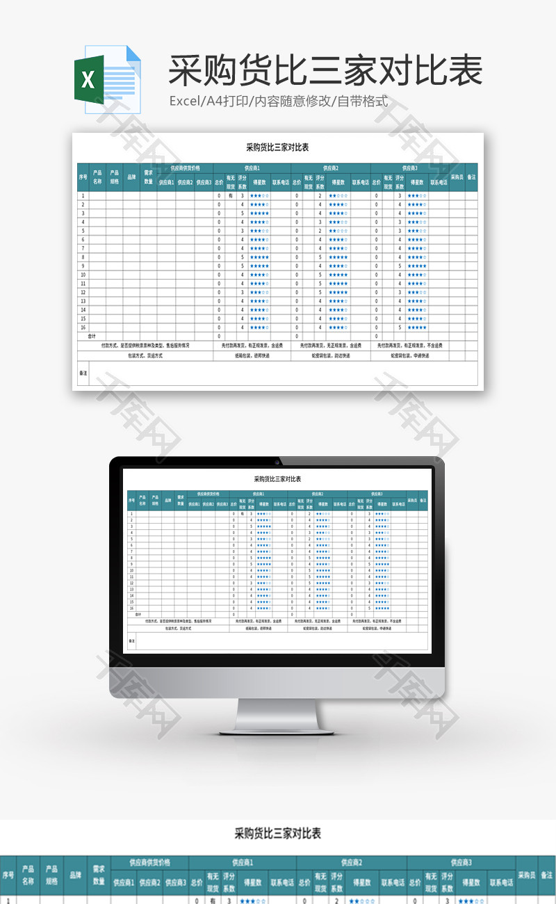 采购货比三家对比表Excel模板
