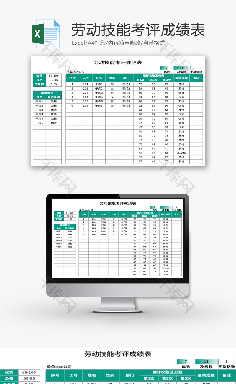 劳动技能考评成绩表Excel模板