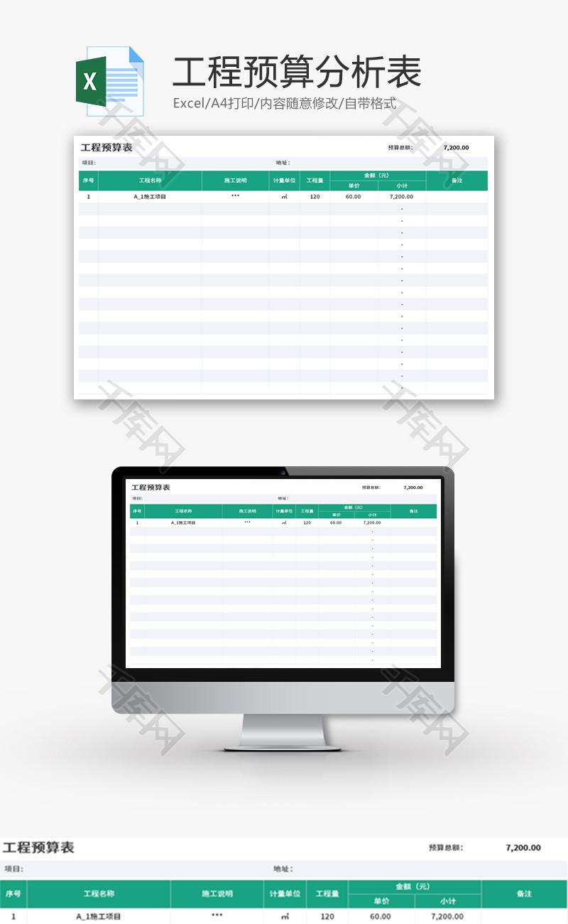工程预算分析表Excel模板