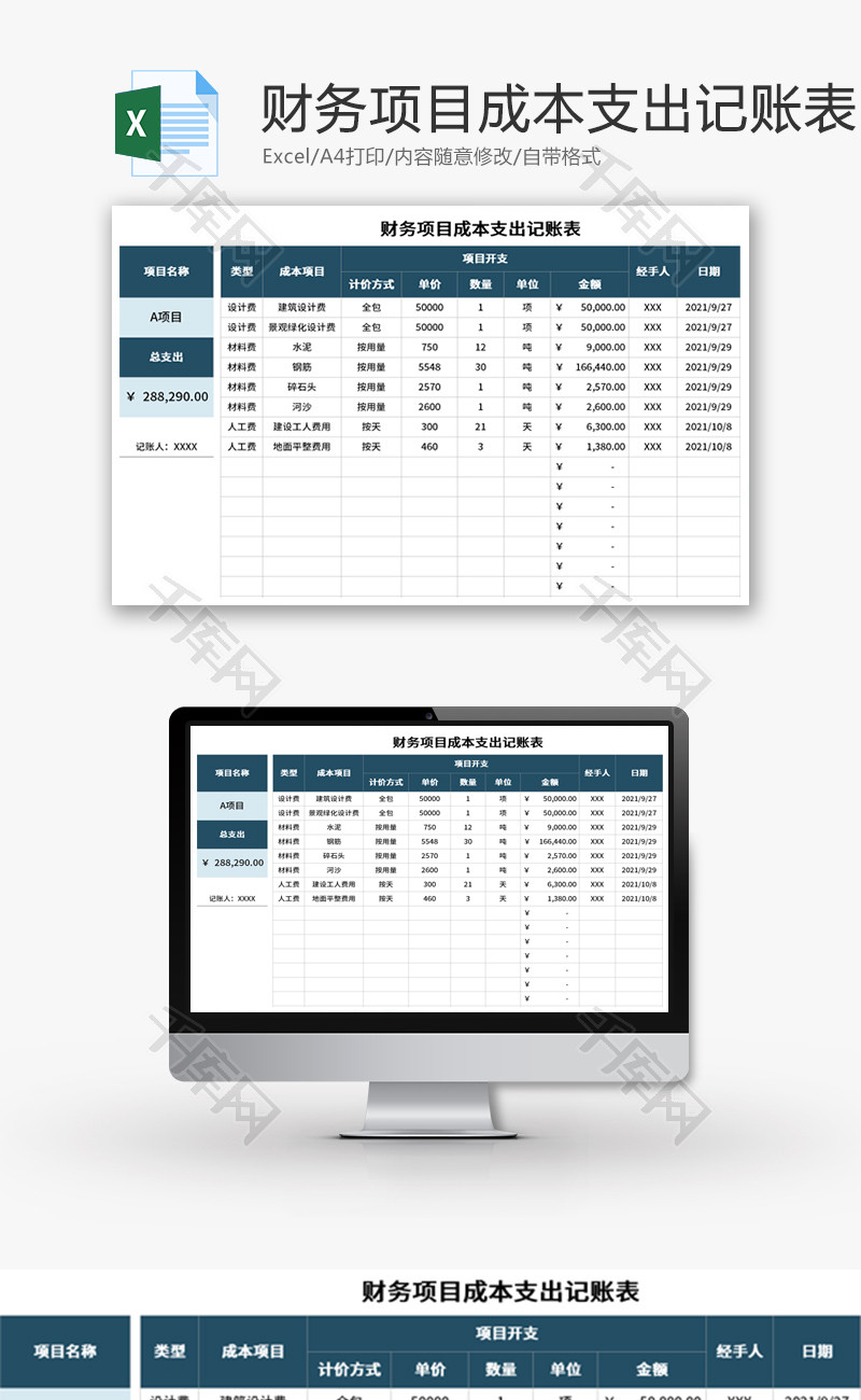 财务项目成本支出记账表Excel模板