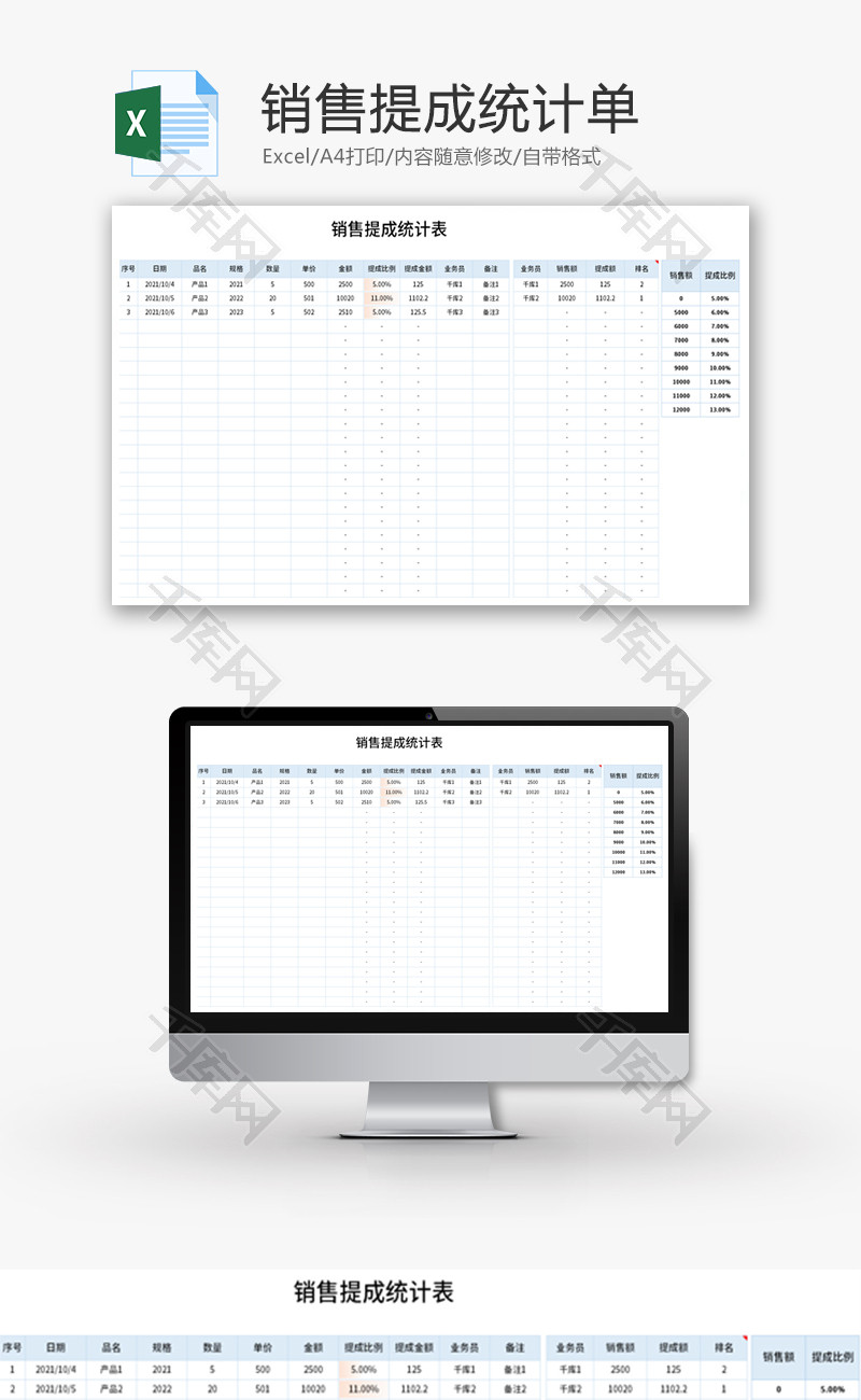 销售提成统计单Excel模板