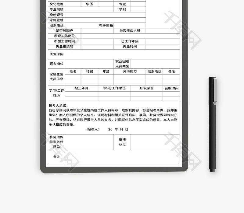 公益性岗位报名登记表Excel模板