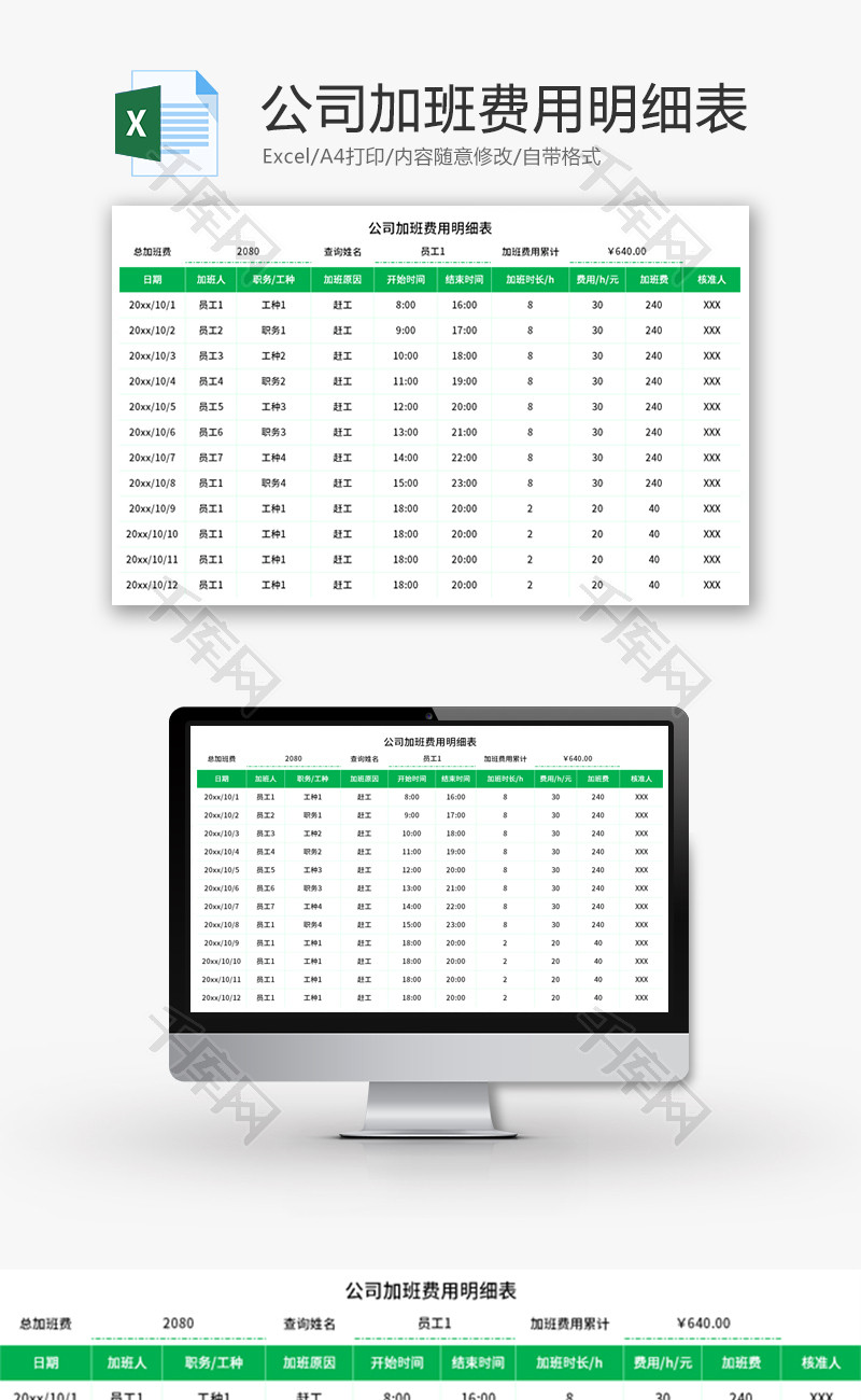 公司加班费用明细表Excel模板