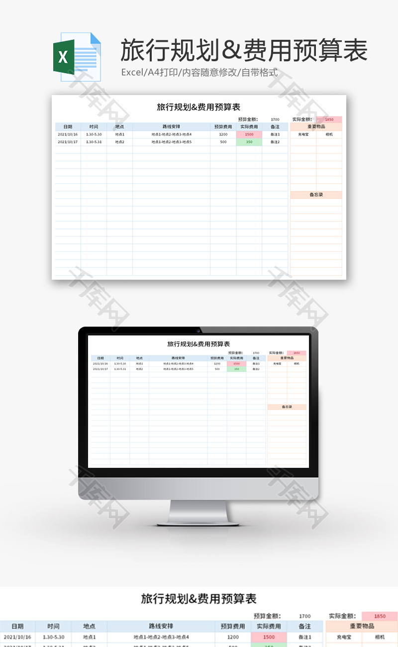 旅行规划费用预算表Excel模板