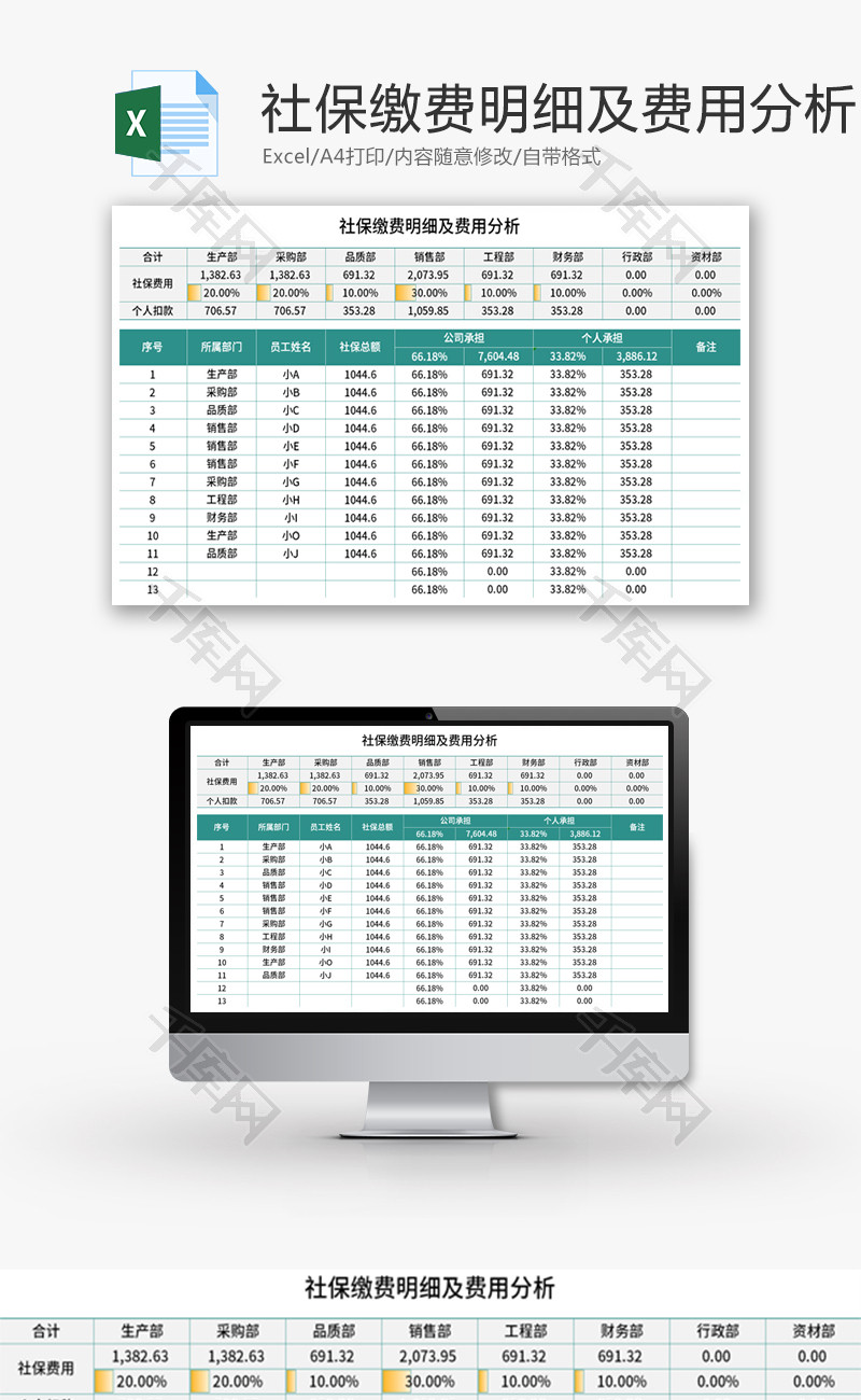 社保缴费明细及费用分析Excel模板
