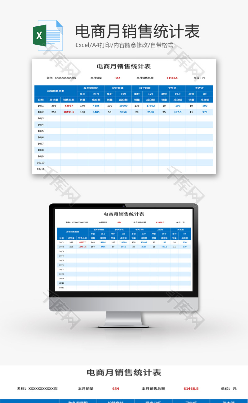 电商月销售统计表Excel模板