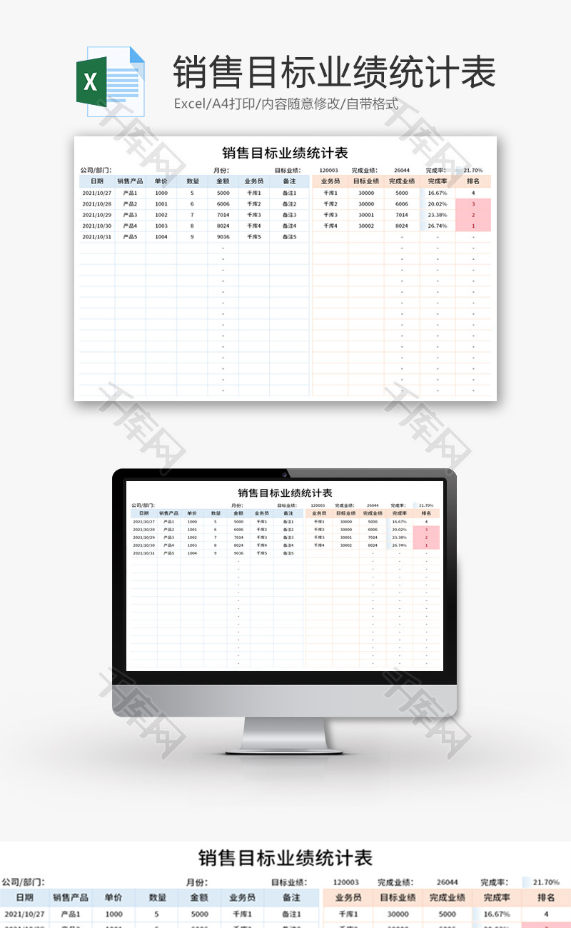 销售目标业绩统计表Excel模板