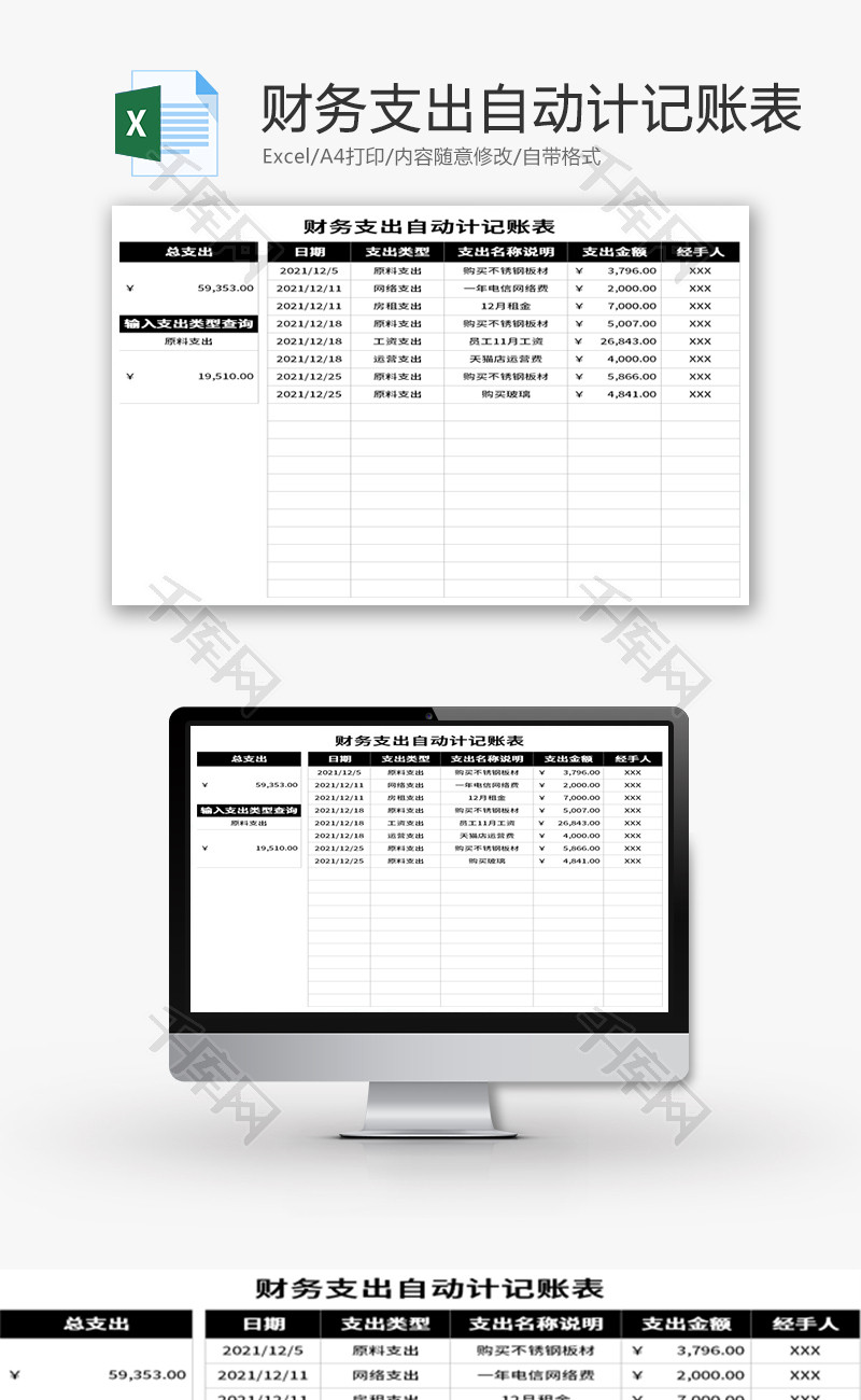 财务支出自动计记账表Excel模板