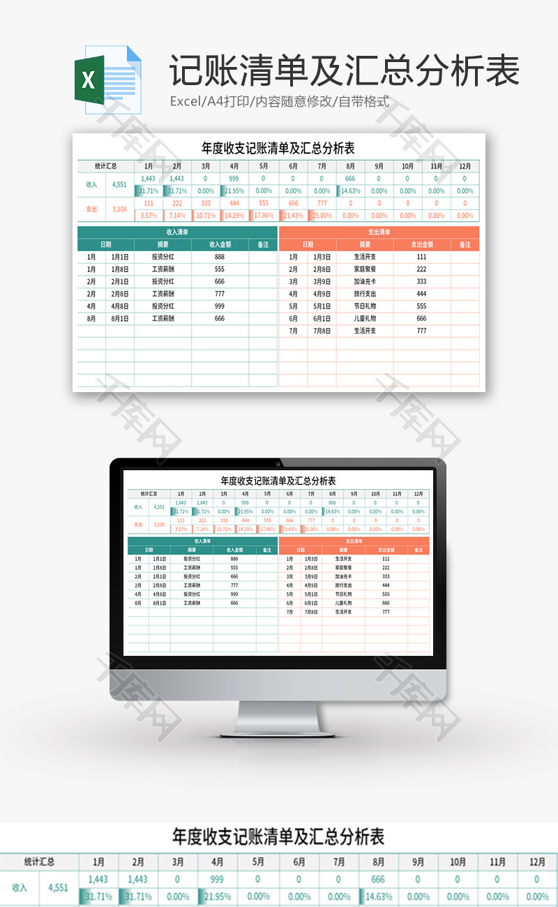 年度收支记账清单及汇总分析表Excel模