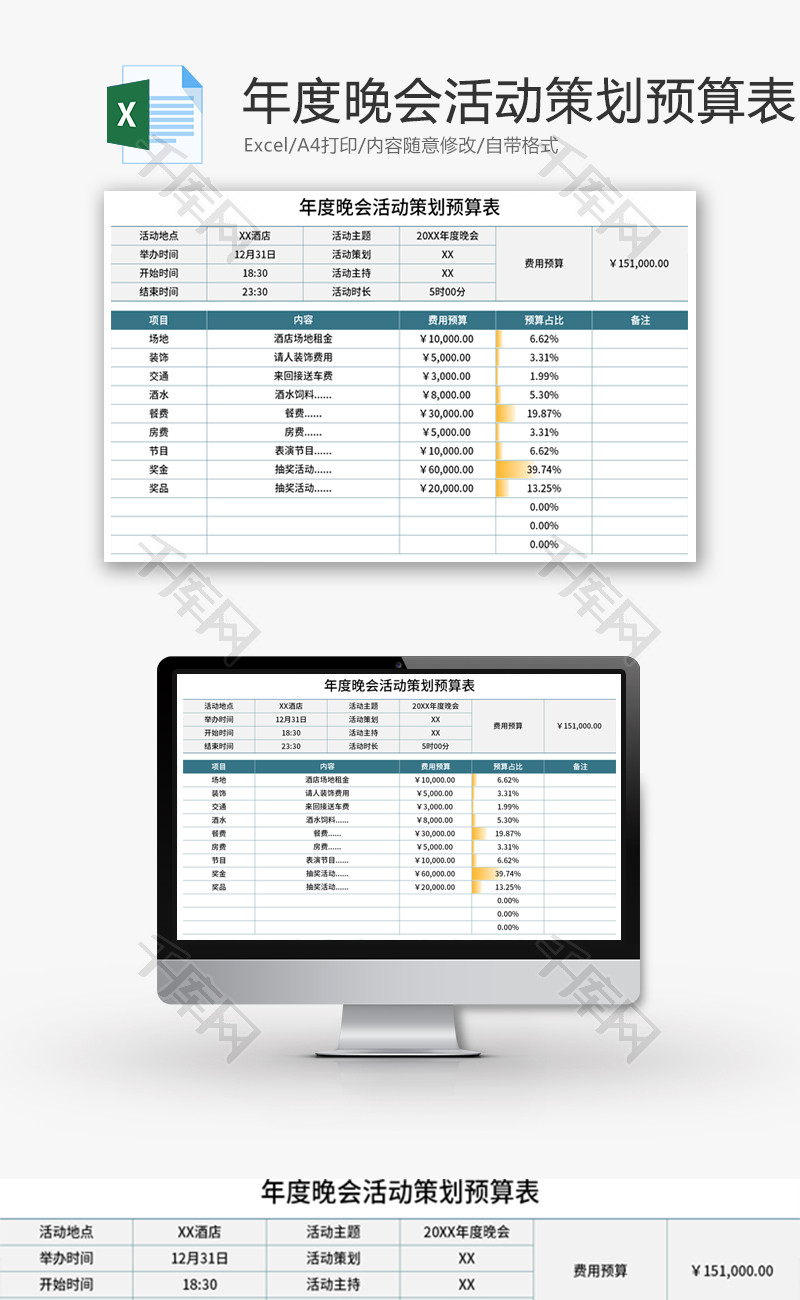 年度晚会活动策划预算表Excel模板