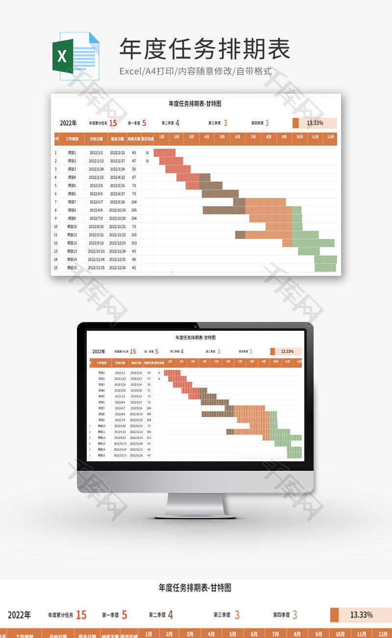 年度任务排期表-甘特图Excel模板