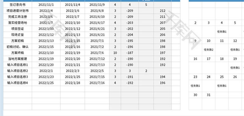 2022年日历工程规划表Excel模板