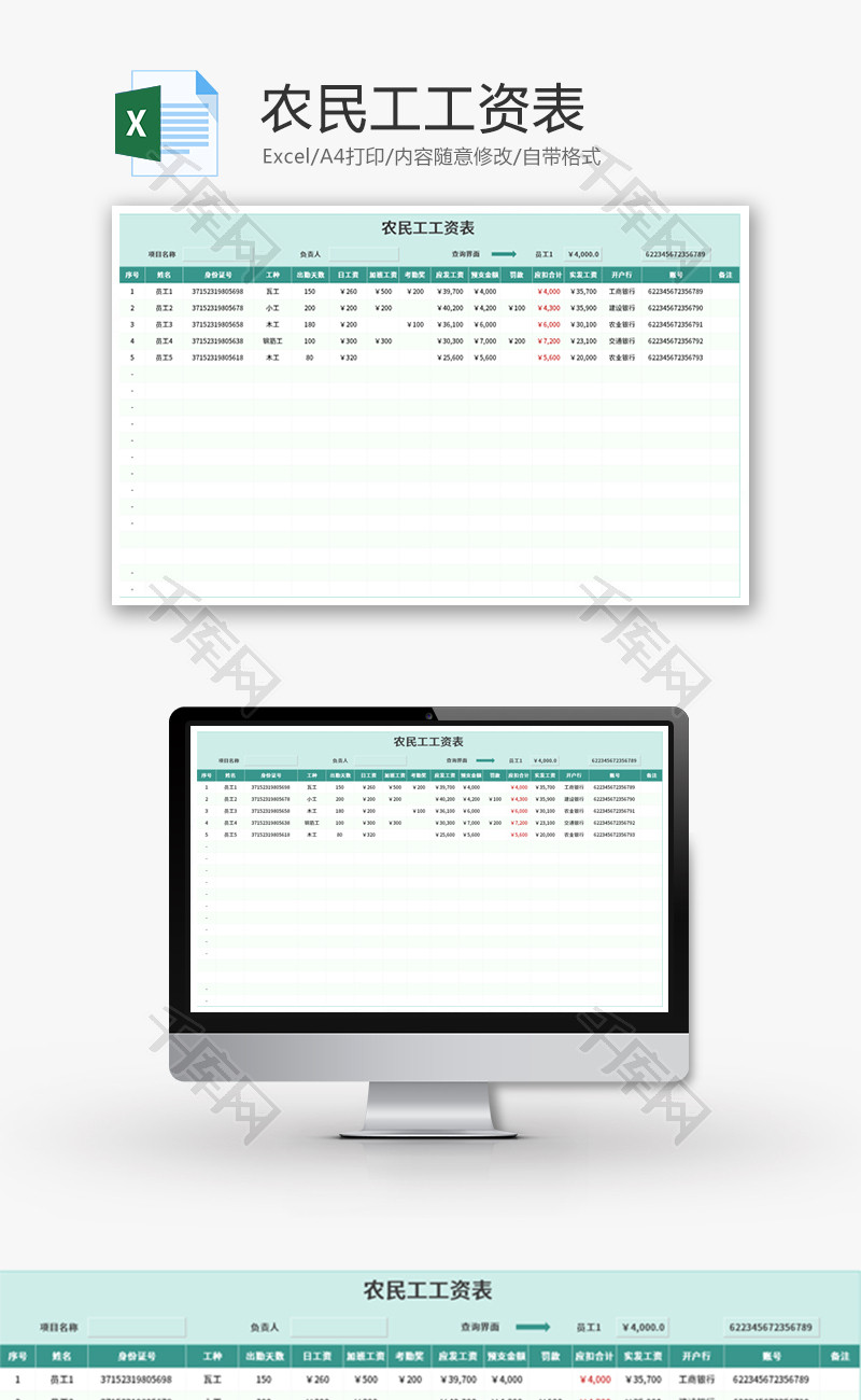 农民工工资表Excel模板