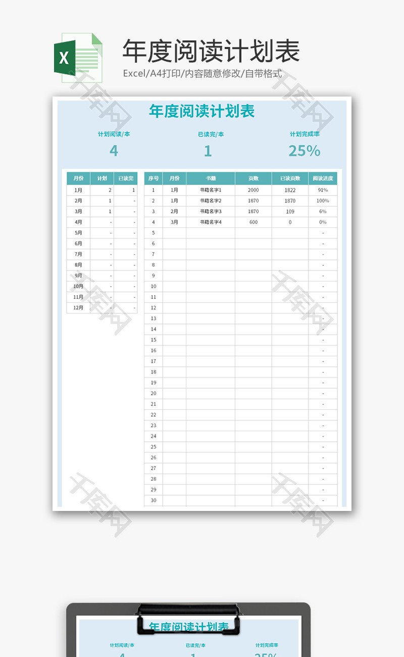 年度阅读计划表Excel模板