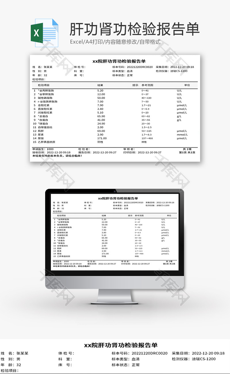 肝功肾功检验报告单Excel模板