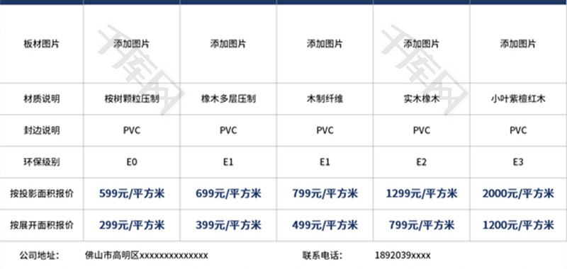 衣柜板材报价表Excel模板