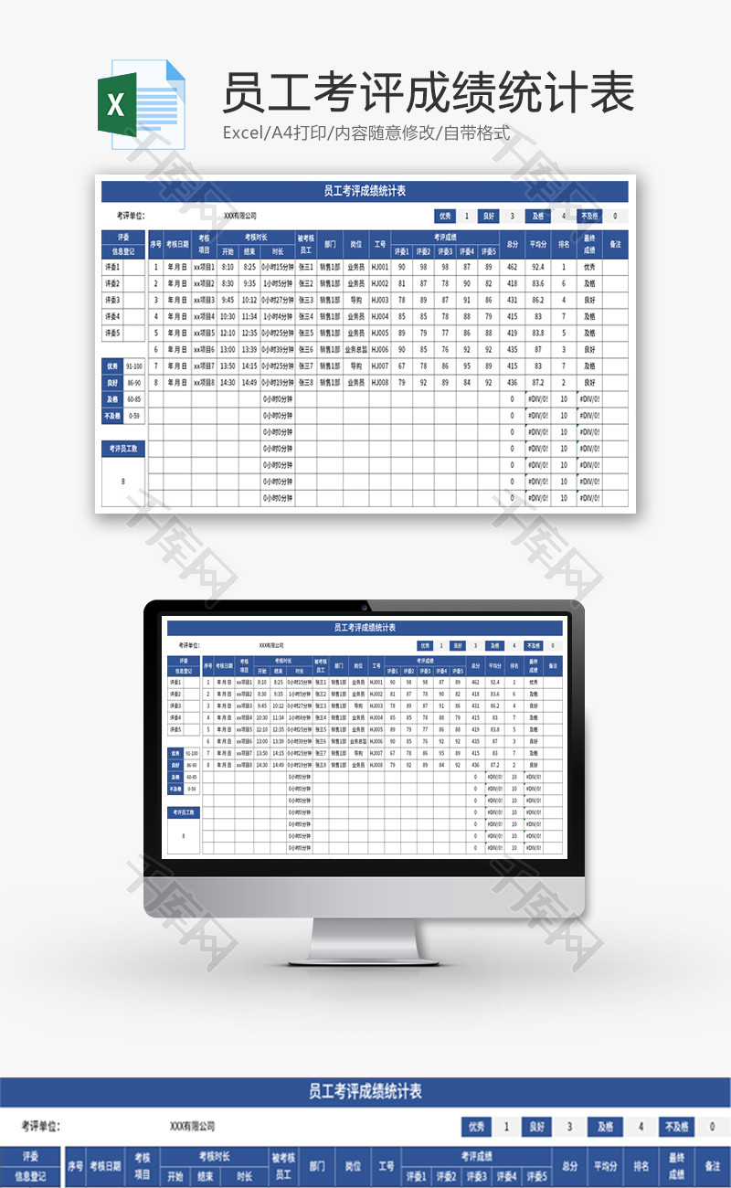 员工考评成绩统计表Excel模板