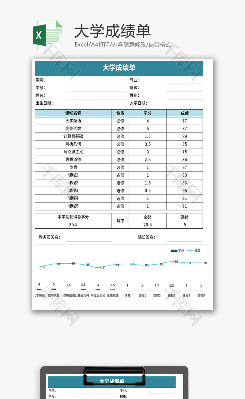 大学成绩单Excel模板