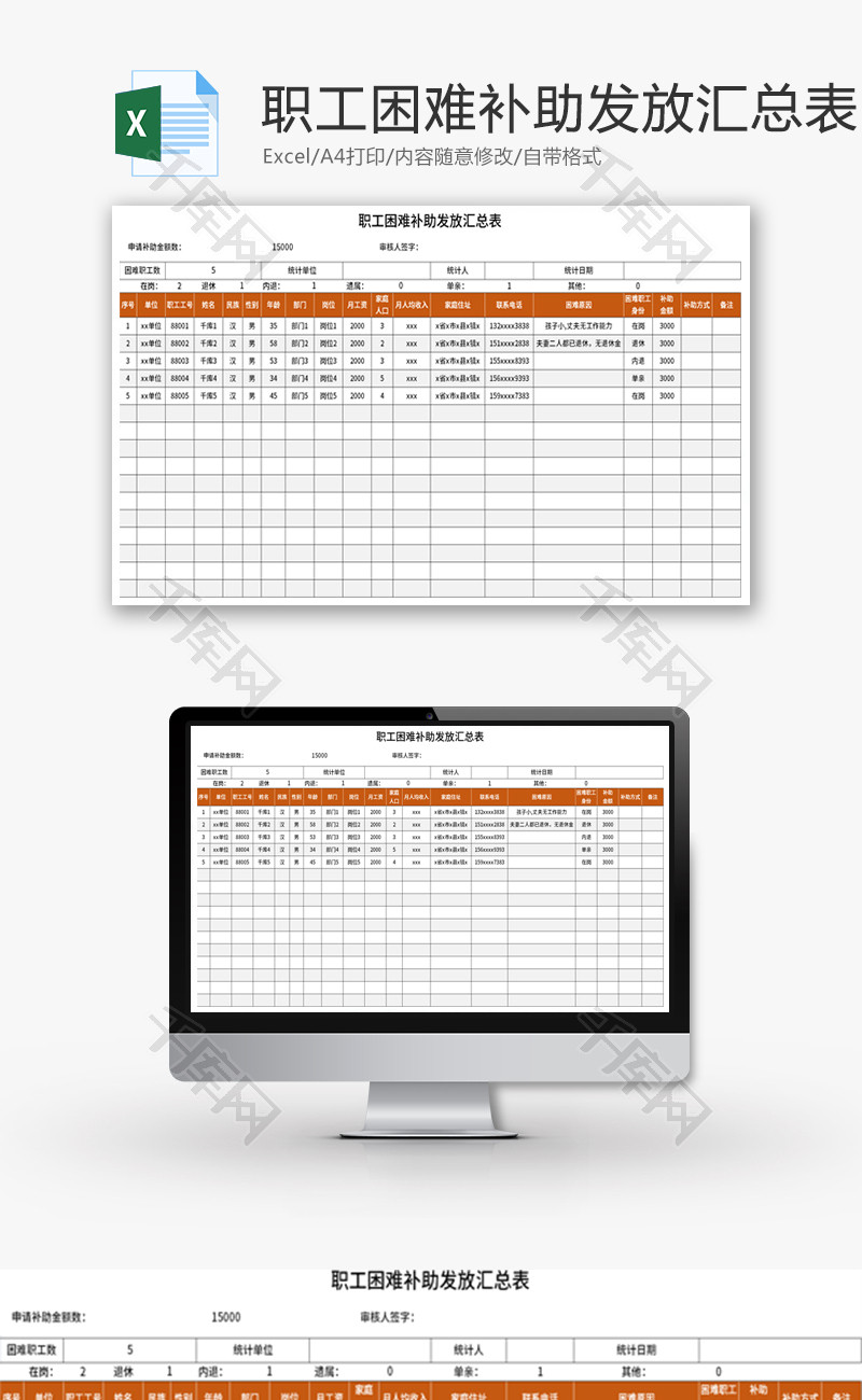 职工困难补助发放汇总表Excel模板