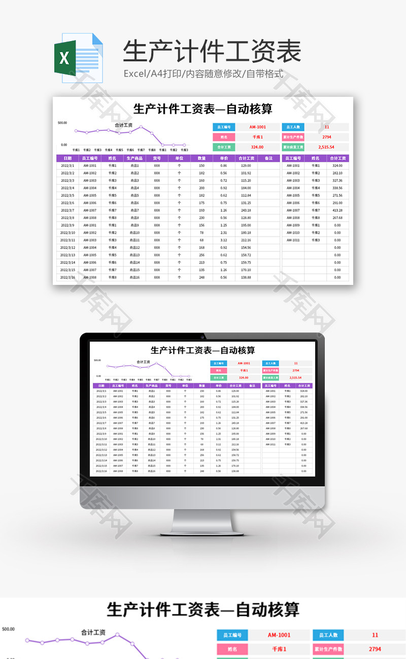 生产计件工资表Excel模板