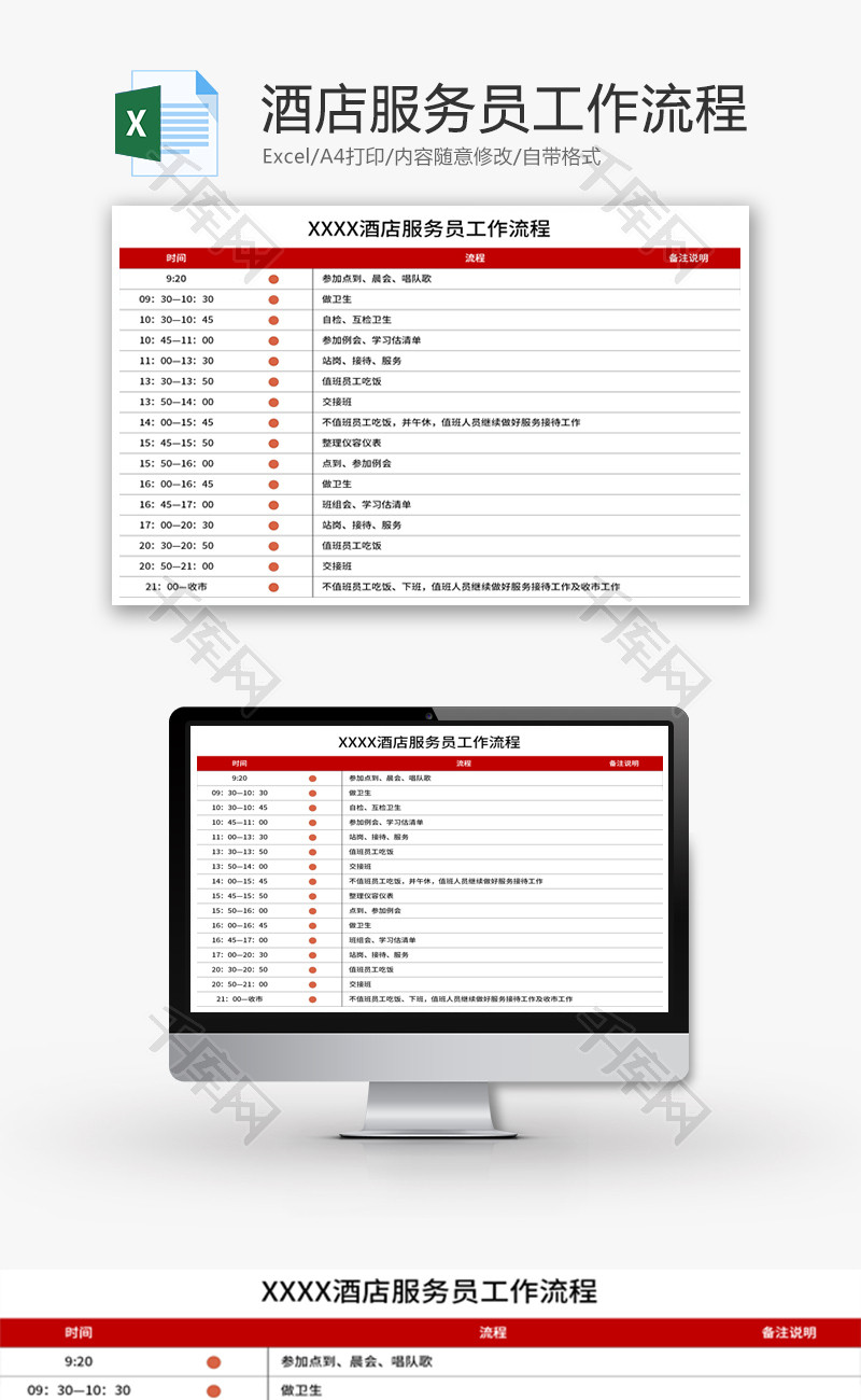 酒店服务员工作流程Excel模板