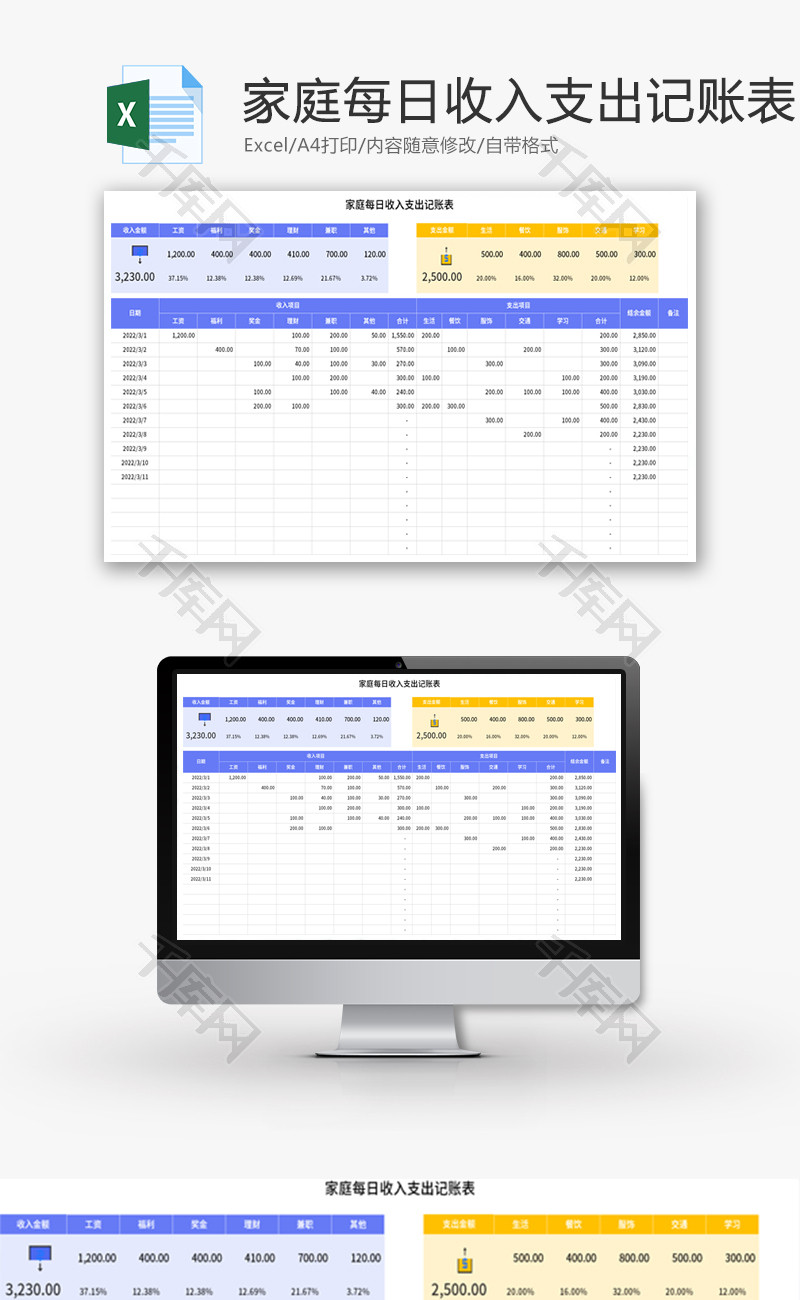 家庭每日收入支出记账表Excel模板