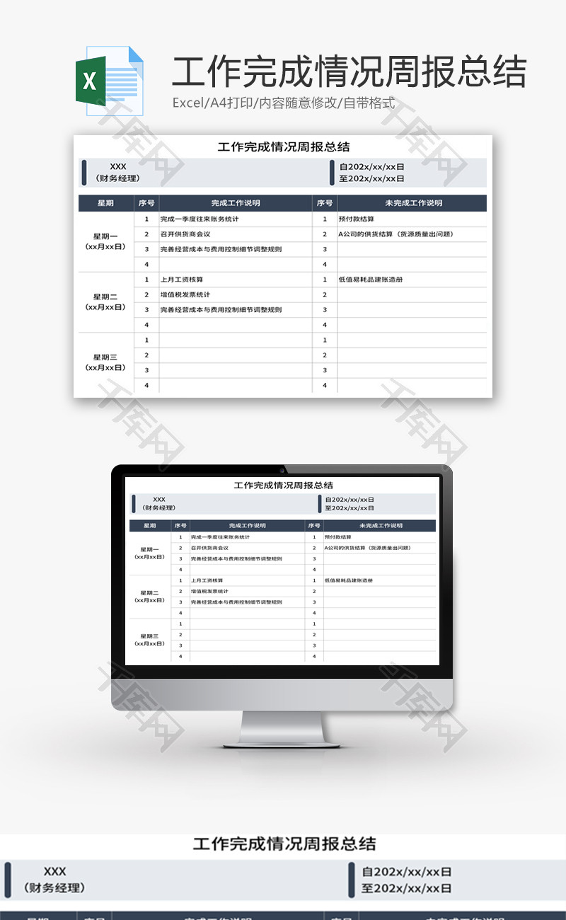 工作完成情况周报总结Excel模板