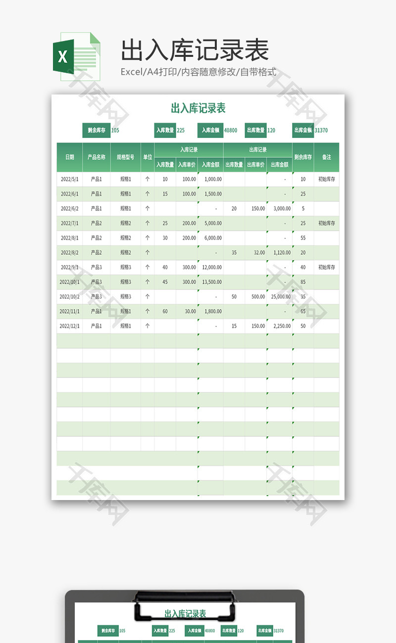 出入库记录表Excel模板