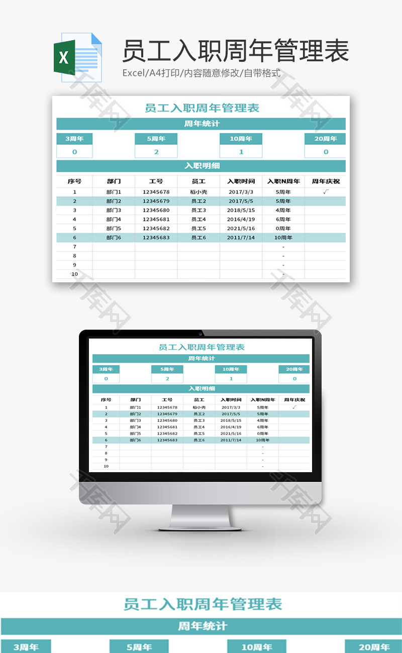 员工入职周年管理表Excel模板