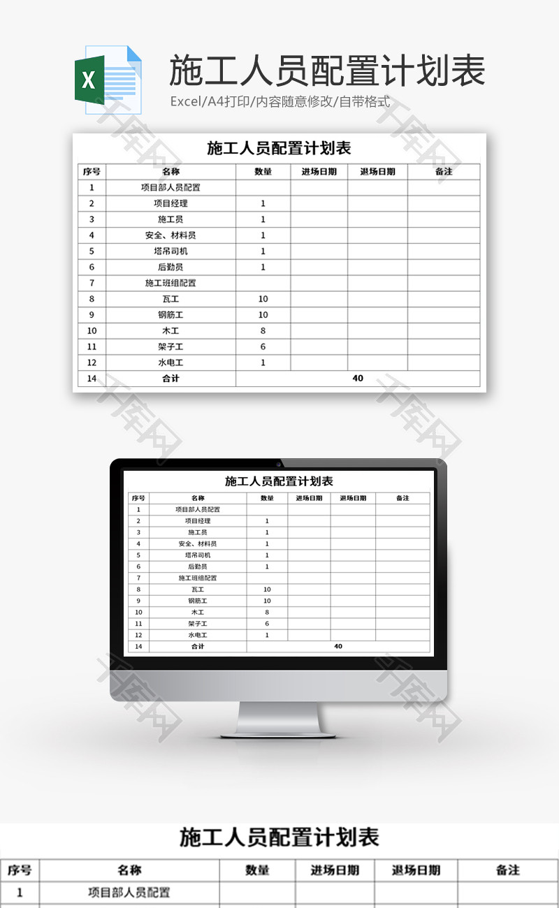 施工人员配置计划表Excel模板