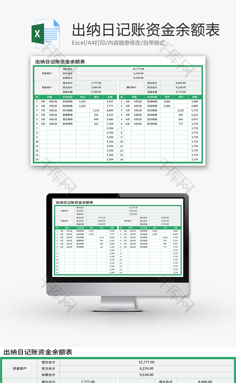 出纳日记账资金余额表Excel模板
