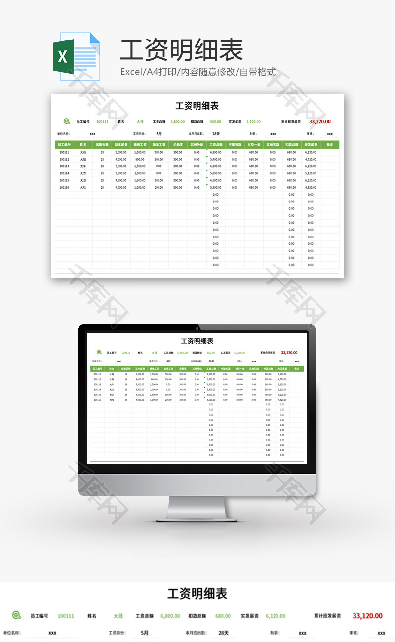 工资明细表Excel模板