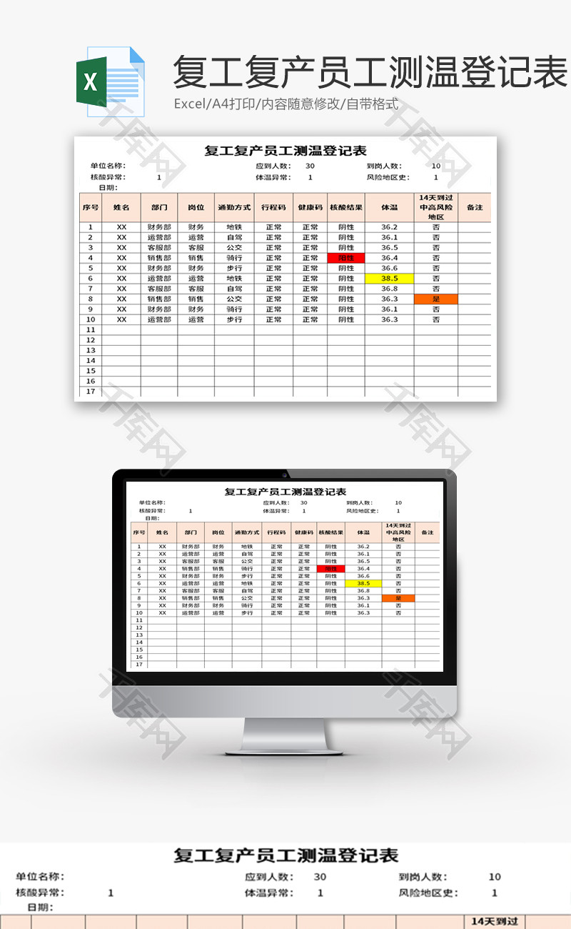 复工复产员工测温登记表Excel模板