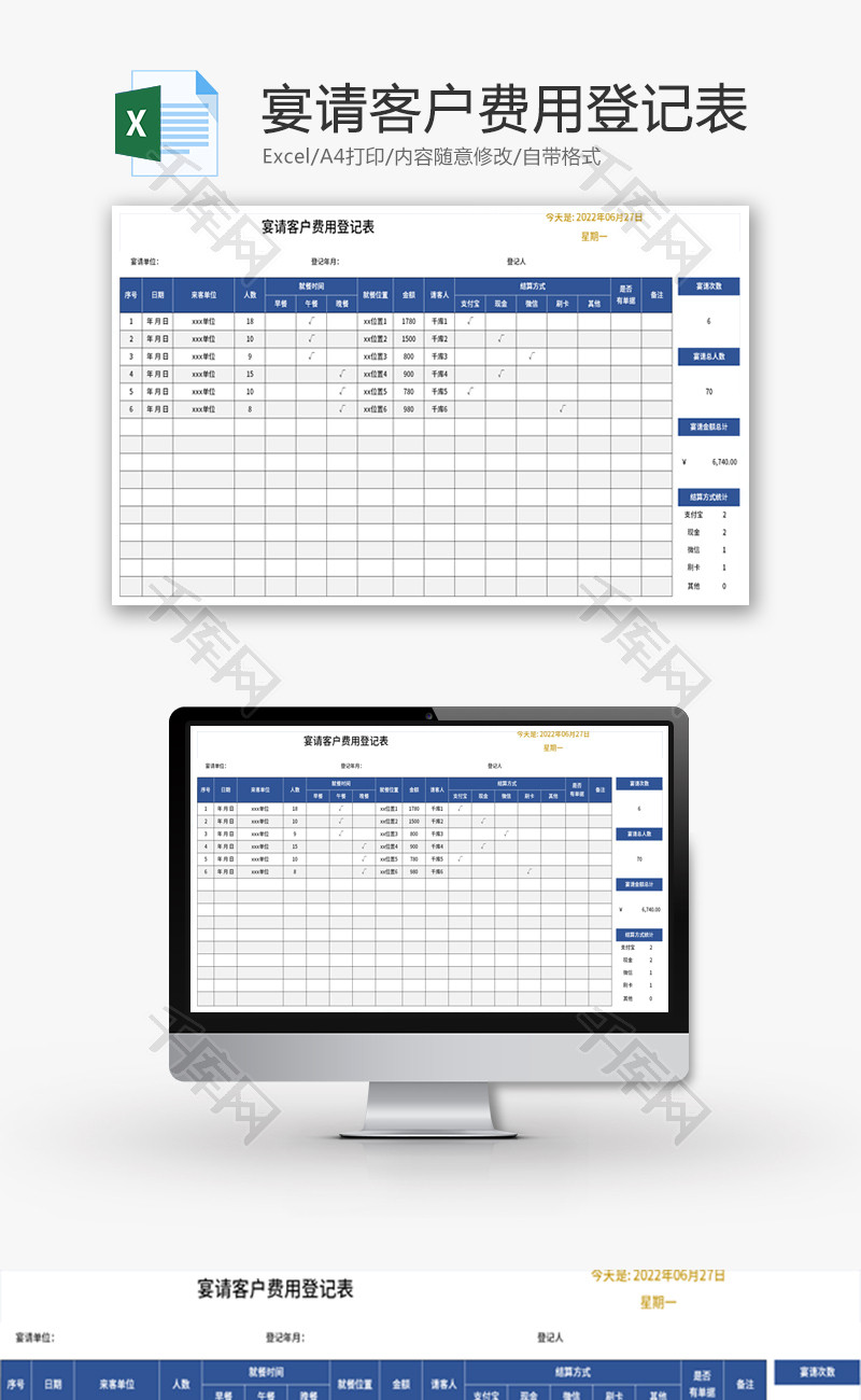 宴请客户费用登记表Excel模板