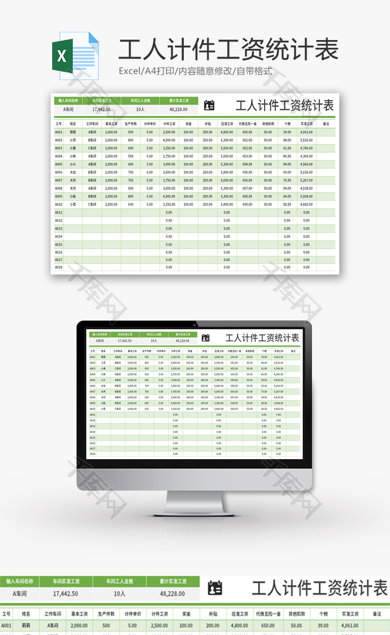 工人计件工资统计表Excel模板