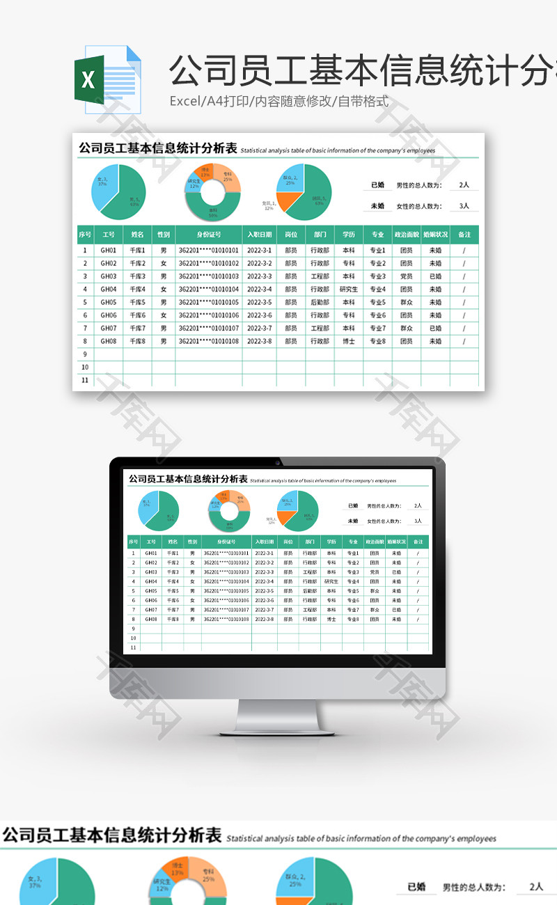 公司员工基本信息统计分析表Excel模板