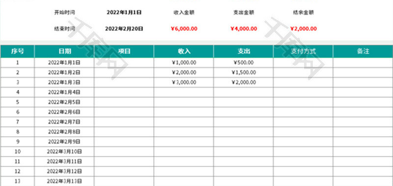 收支明细表Excel模板